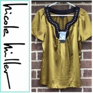 NWT Nicole by Nicole miller black magic mustard olive top.